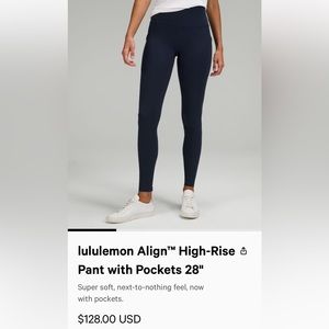 Lululemon size 6 align leggings 28” inseam.  Navy blue with side pockets
